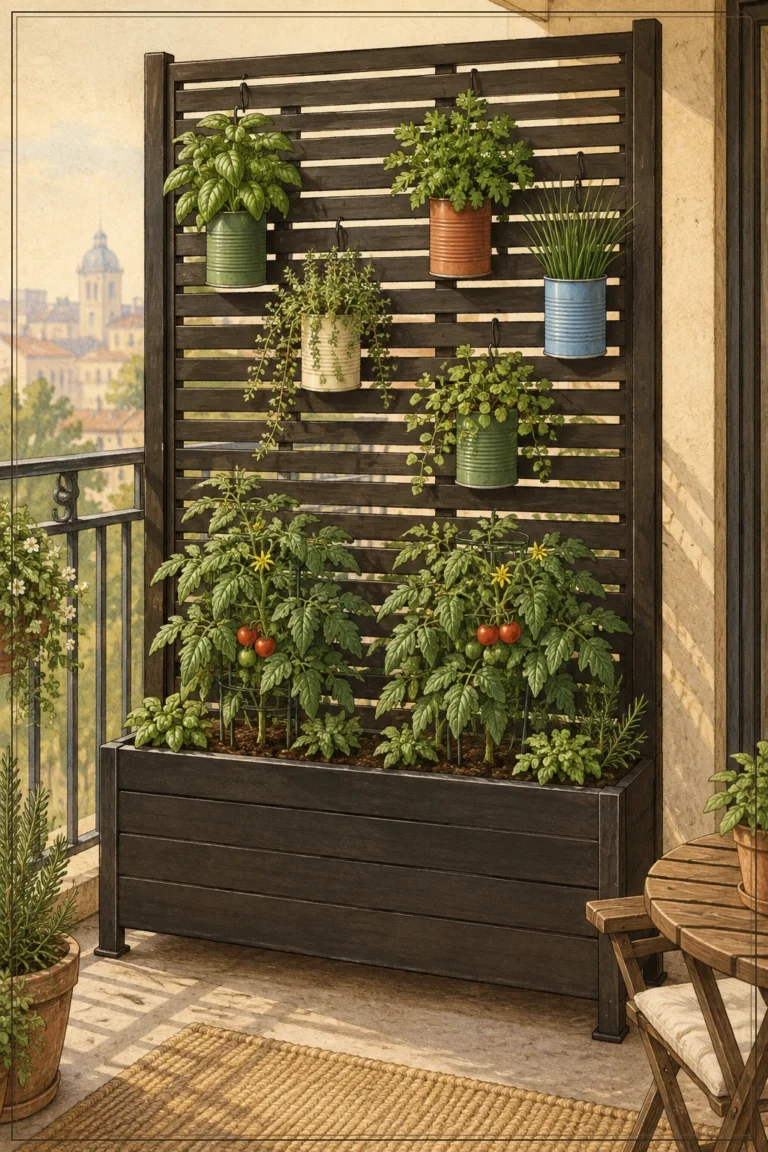 Vertical vegetable garden: a freestanding trellis with tomato vines and hooked tin cans on an apartment balcony
