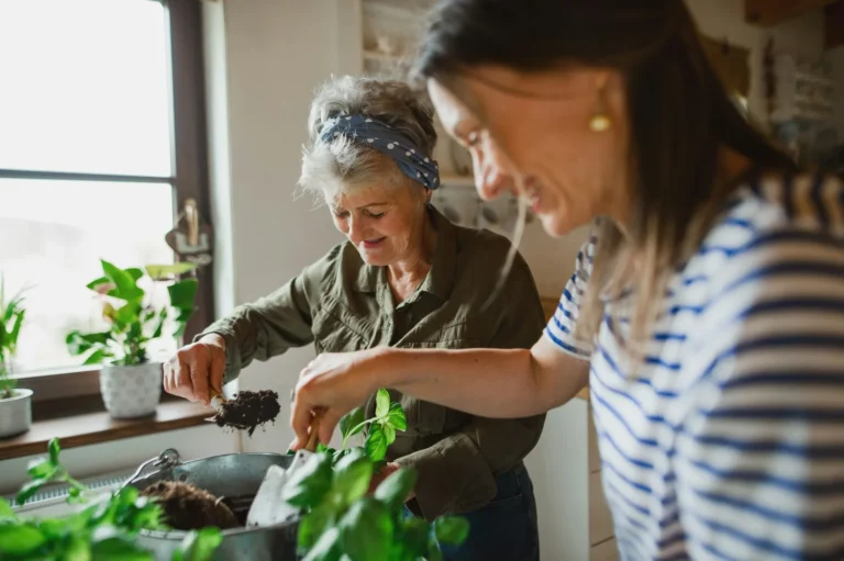 Urban homesteading for beginners: two women potting herbs at a kitchen counter